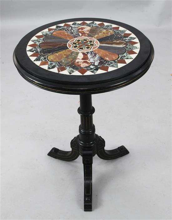 A Victorian ebonised tripod table, by Johnstone & Jeanes Diam. 1ft 10in. H.2ft 6in., marble restored
